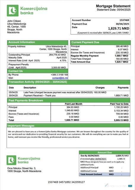 Download North Macedonia Komercijalna Banka mortgage statement Word and PDF template Photoshop template